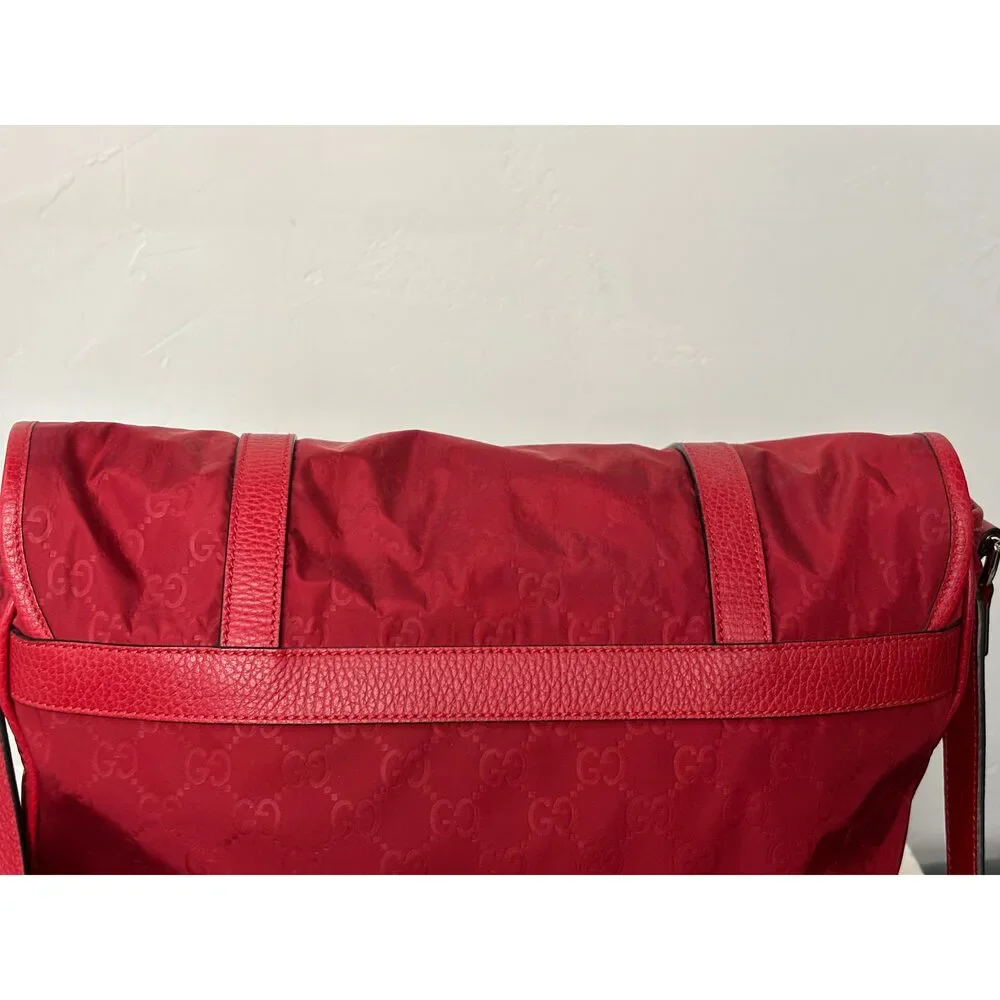 Gucci Red Nylon Monogram Double Buckle Flap Messenger Bag